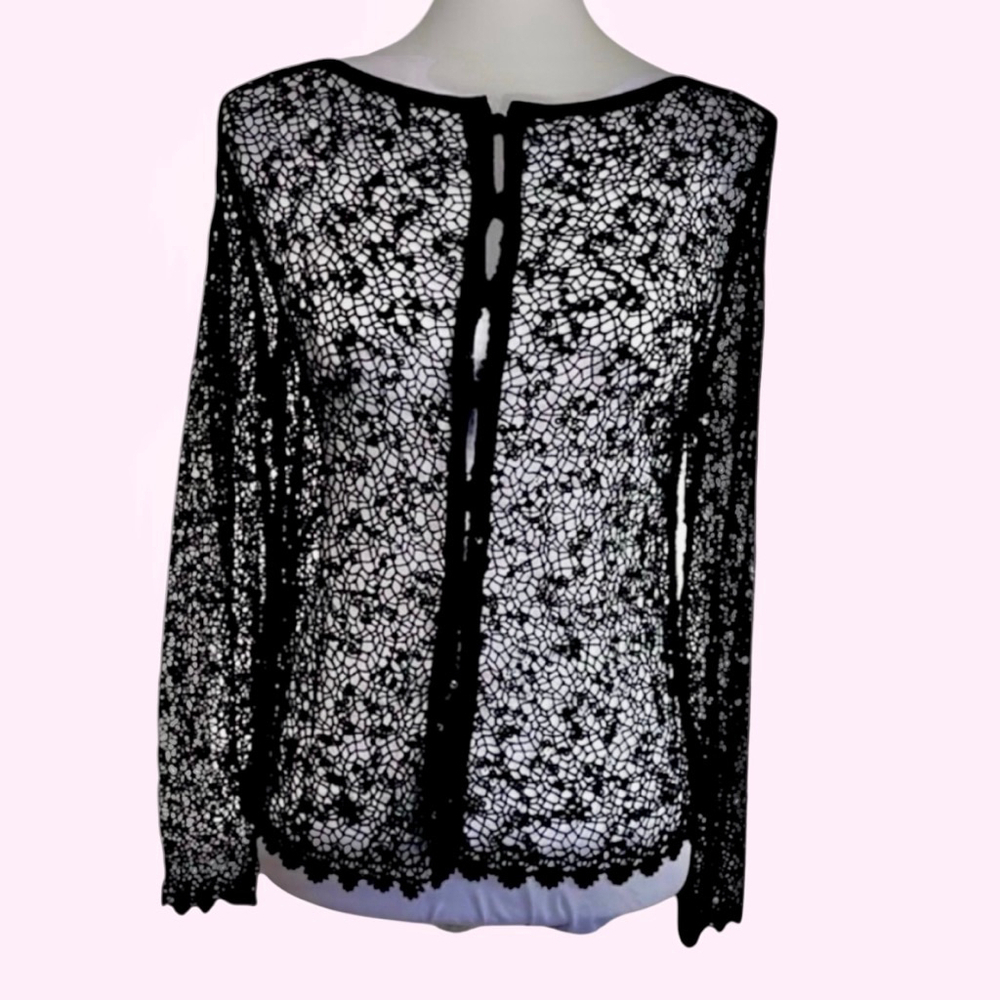 Vintage Black Sequin Lace Crochet Cardigan Small Medium